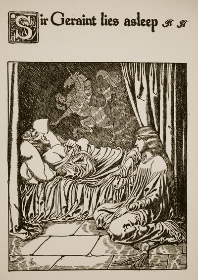 ジェライン卿は眠っている、「杯の物語とアーサーの通過」の挿絵、1910年頃 作： Howard Pyle